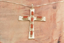 Zuni Indian Jewelry Genuine Coral Sterling Silver Cross Pendant